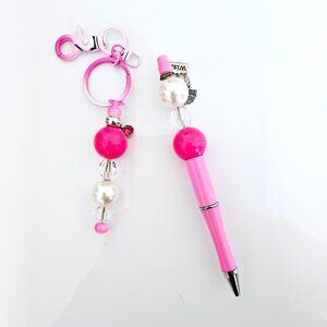 Pink Pearl Bubble Bead Pen & Keychain Set, Angel Wish Silver Charm, Gift Ideas